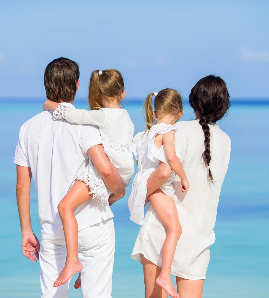Back view of a happy family on tropical beach
